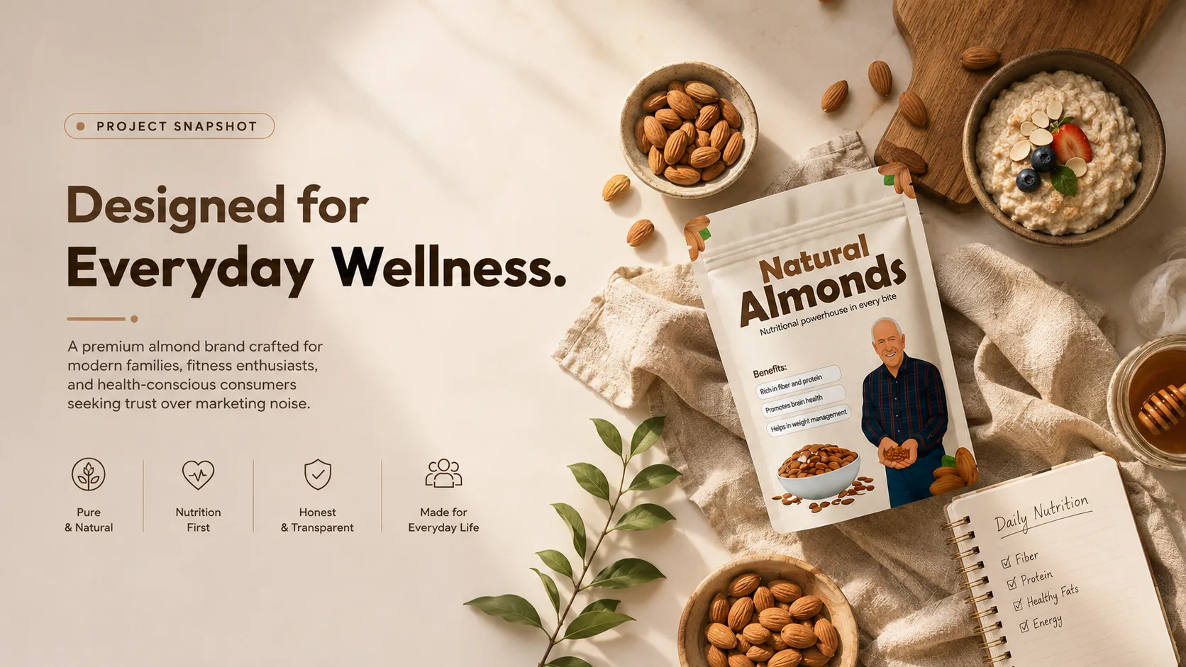 Natural Almond — Packaging Design packaging & visual design mockup 2 by Raghav Chopra